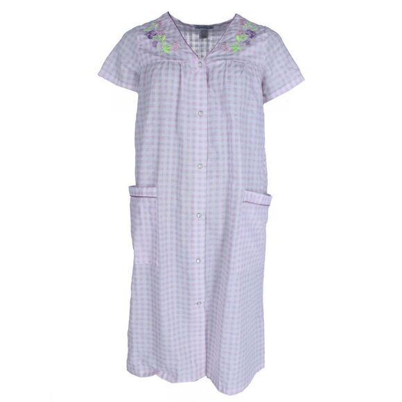 Elegant Emily Women's Gingham Button Down Duster with Floral Detailing - Picture 1 of 4
